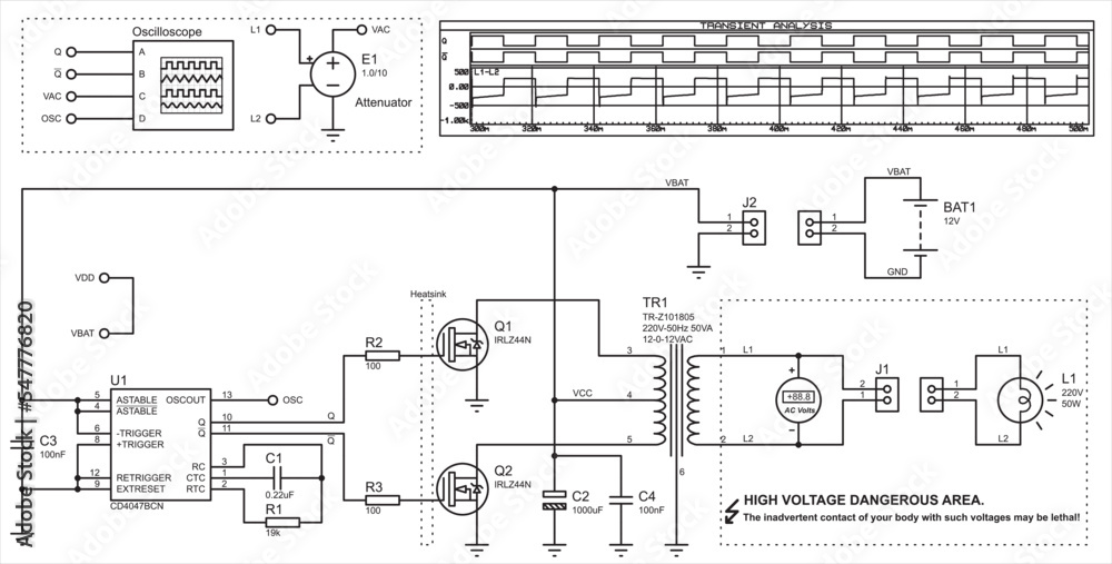 Poster vector drawing of an electrical circuit with an oscilloscope, voltmeter, transformer, incandescent l
