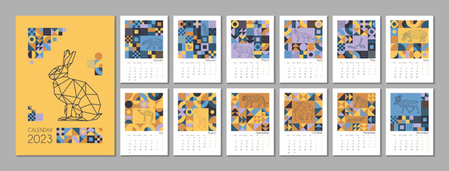 Calendar template 2023. Geometric calendar design with Bauhaus patterns and polygonal animals. Set of 12 months of the year 2023. Corporate and business calendar template. Stock vector illustration.