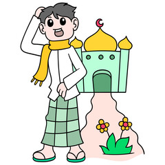 Naklejka premium Vector illustration of a Muslim man scratching his head standing against a mosque