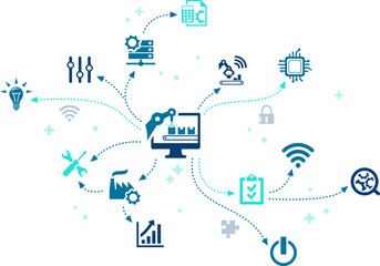 Process automation vector illustration. Concept with connected icons related to optimization of manufacturing or production processes, automated industrial machines, operation management.
