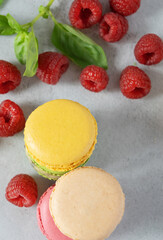 raspberries and colored macarons close-up on a gray background . Vertical photo of raspberries and cookies