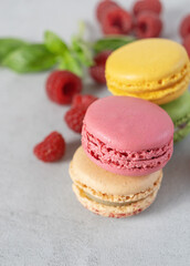 colored macarons close-up and raspberries on a gray background . Vertical photo of raspberries and cookies.