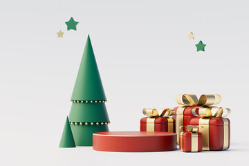 Christmas background concept with 3d podium for product presentation. Red, white and green geometric object on white background. 3d illustration.