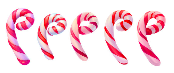 Collection of 5 candy canes isolated on white background. Digital illustration