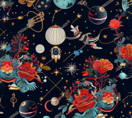 Deep space travel chinoiserie pattern for fabric making.