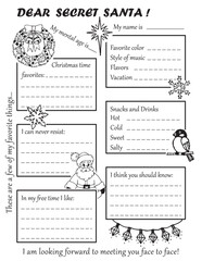 Secret Santa questionnaire. For black and white printing.