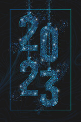 Abstract isolated blue image of new year number 2023. Polygonal low poly wireframe illustration looks like stars in the blask night sky in spase or flying glass shards. Digital web, internet design. © Katsiaryna