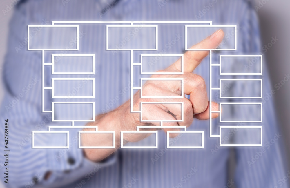 Poster Abstract scheme, business flowchart, algorithm concept. Organization and ordering of work process. Information technology