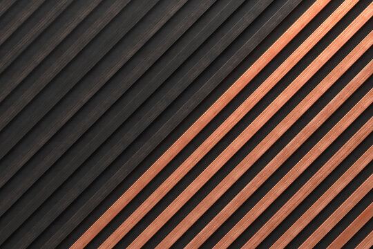 A wooden lamella wall in the color of natural and burnt wood with a pattern of wall panels in the background