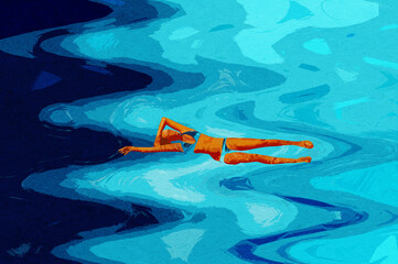 Sylwetka młoda kobieta w stroju kąpielowym pływająca na placach w oceanie. Perspektywa z góry. - obrazy, fototapety, plakaty