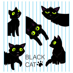 Vector illustration set of black playful black cats. Background for fabric, wallpaper, design. Children's illustration.