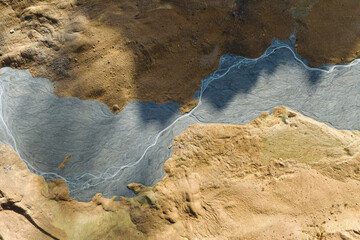 Drone view of the river in the glacier valley. View of the moraines. Landscape from the air.  River...