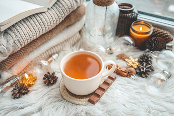 Cozy wool winter accessory. Warm sweaters, candle, tea and cone