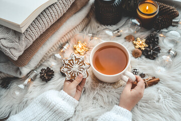 Cup of tea in hands, aesthetic winter photo