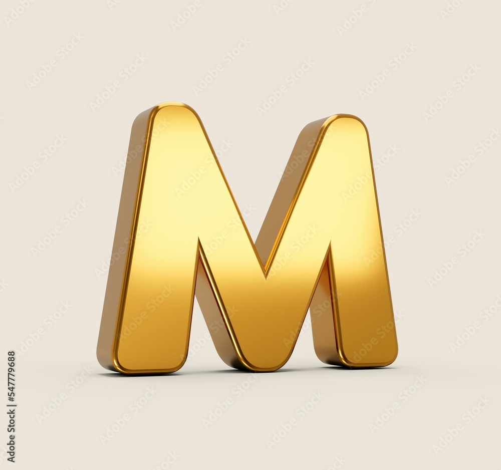 Sticker 3d illustration of golden M alphabet on beige background with shadow