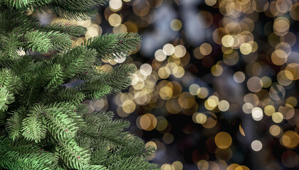 Happy New Year and Merry Christmas banner with empty green fir tree and blurred Xmas lights on...