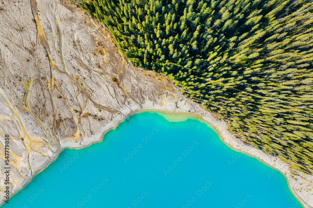Wall mural drone view of the lake and forest in the glacier valley. view of the moraines. landscape from the ai