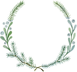 Green wreath made of fir tree branches, leaves and berries. Watercolor illustration isolated on white.