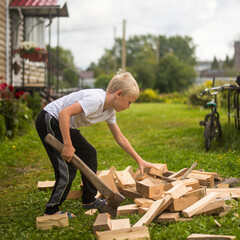 a child is chopping firewood. concept preparation for winter