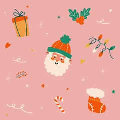 Retro stickers for Christmas and winter holidays with Santa Claus and cute elements, vector illustration