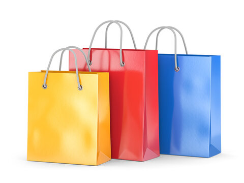 Three colorful of shopping bags on white background. 3d illsutration. PNG with transparent background