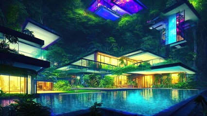 Large modern mansion, architecture house with a swimming pool, night neon lighting of the building. House in the rainforest in the mountains. Night landscape.