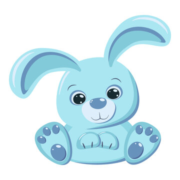 Cute blue aqua rabbit isolated on white background. Greeting card Happy Easter or Happy New Year banner with bunny in delicate colors. Square format, vector illustration in flat cartoon style