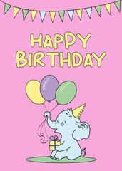 Happy birthday card with elephant for kids pink