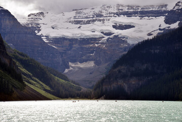 Beautiful summer views of iconic Lake Louise in Banff National Park in the Rocky Mountains of Alberta Canada