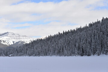 Beautiful winter views of iconic Lake Louise in Banff National Park in the Rocky Mountains of Alberta Canada