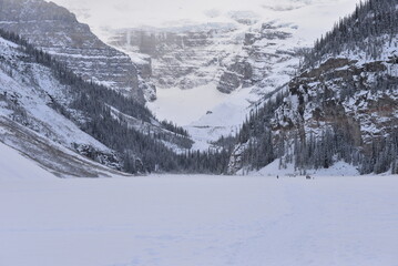 Beautiful winter views of iconic Lake Louise in Banff National Park in the Rocky Mountains of Alberta Canada