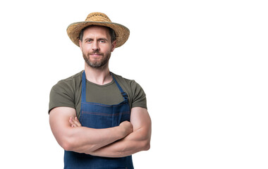 caucasian farmer in hat and apron isolated on white background. copy space