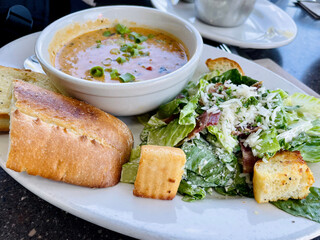 Chicken Noodle Soup, Salad, and Garlic Toast