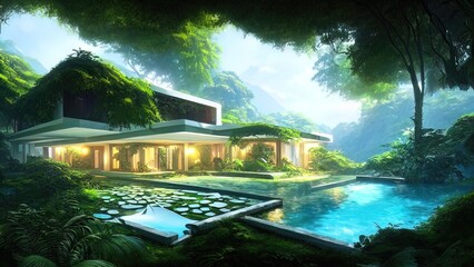 Forest landscape and white modern house. A modern white house with a swimming pool in a tropical forest in the mountains. Fantasy landscape, forest, sunlight, recreation area.