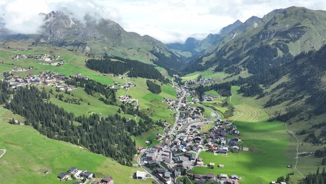 Lech municipality western Austrian state of Vorarlberg, located in Bludenz. Winter sports holiday resort destination in summer. Dutch royal family vacation place. Aerial