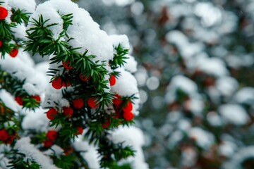 Closeup of tree branch with red flowers covered by snow