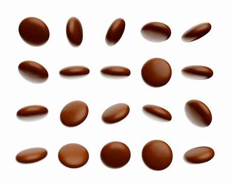 Digital 3D render of brown decorative chocolate drops isolated on a white background