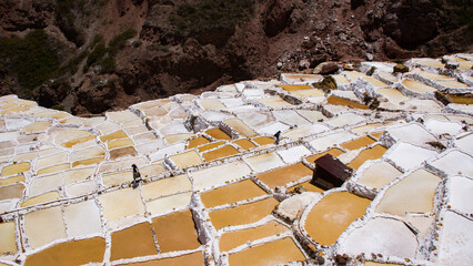 Looking down onto Maras Salt Mines ponds in Cusco Urubamba