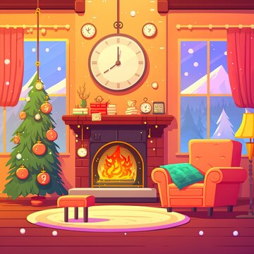 2d illustrated illustration of Christmas living room with sofa, fireplace, clock and fir tree.