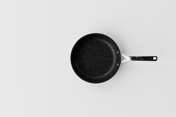 Black frying pan on a white background. The concept of frying, cooking. Buying equipment for the kitchen, dishes. 3d render.