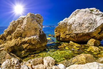 Sea beach with stones and rocks, Beausoleil, Nice, Nizza, Alpes-Maritimes, Provence-Alpes-Cote d'Azur, Cote d'Azur, French Riviera, France