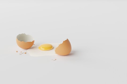 Broken egg on a light background. Concept of cooking eggs, making an omelette, breaking the shell. 3d render, 3d