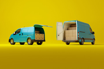 Two commercial delivery blue vans with cardboard boxes on yellow background. Delivery order service company transportation box with vans truck. 3d rendering, 3d illustration.