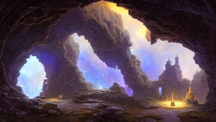 Fantasy galactic majestic portal, neon. An abstract passage, a door to an unreal world. Round stone arches. 3D illustration