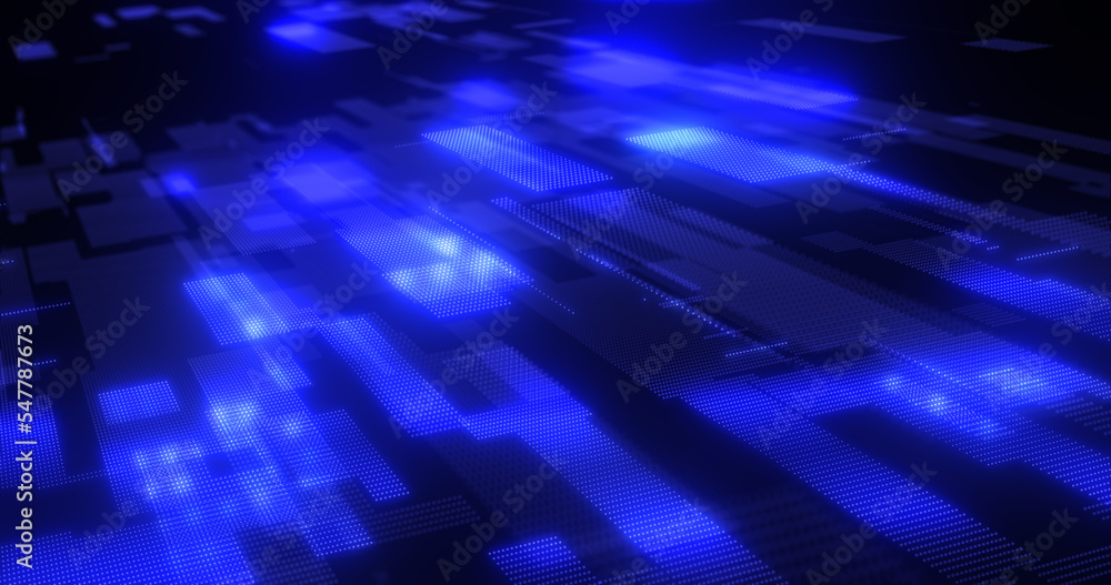 Poster abstract background blue from futuristic hi-tech rectangles of pixel particles flying with glow effe