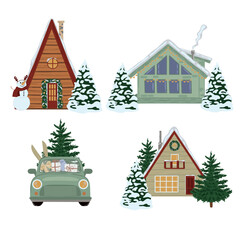 Christmas set with trucks, houses, firs, snowman. Christmas village. Vector, illustration