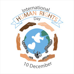 Human rights international day card vector illustration. Diverse hands with broken chain and padlock. Earth globe with white dove and heart. Emblem, badge template 