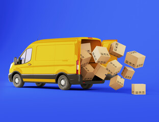 3d render of a yellow delivery van with cardboard boxes falling off the vehicle on blue background. Logistics and wholesale concept.Online Orders, Purchases, E-Commerce Goods, Merchandise © Michael