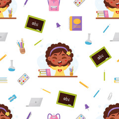 Seamless pattern back to school. Dark-skinned happy schoolgirl, school education items and stationery in flat cartoon style on white background. Vector illustration. Cute kids collection.