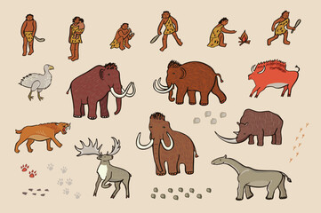 Mammoth, ancient animals, cave man, vector illustrations set.